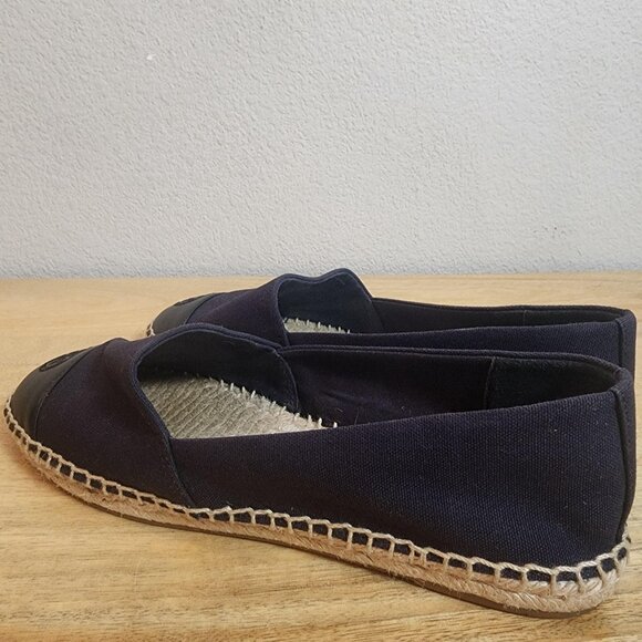 Tory Burch Shoes Womens Size 8 Navy Black Espadrille Flats Leather Cap Toe Logo - Picture 4 of 15